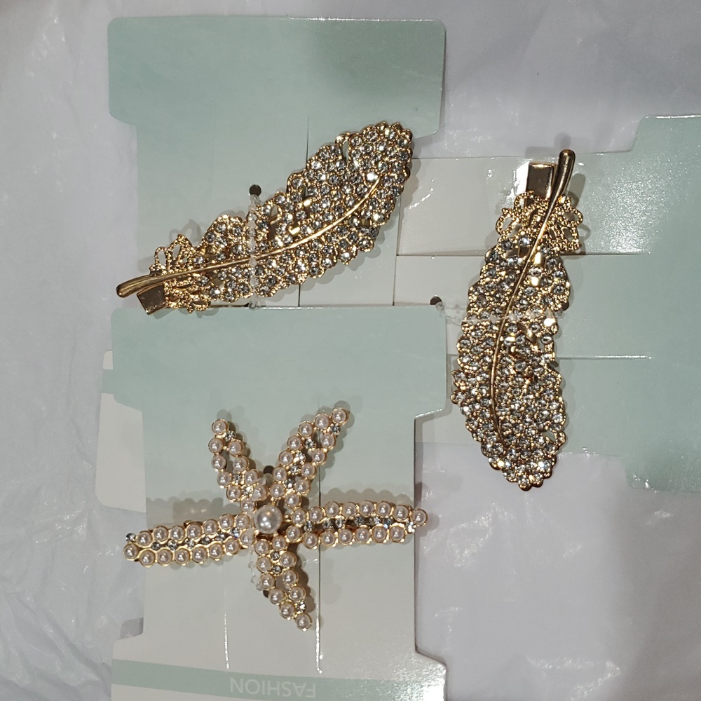 3 piece bling crystal rhinestones leaf and pearl studded starfish hair clips new